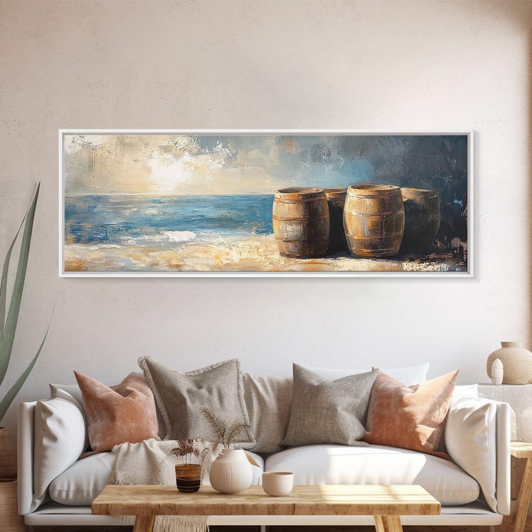 Weathered Barrels By The Sea Wall Art, Coastal Rustic Decor, Nautical Canvas Print For Beach House Living Room Wall Decor Gift