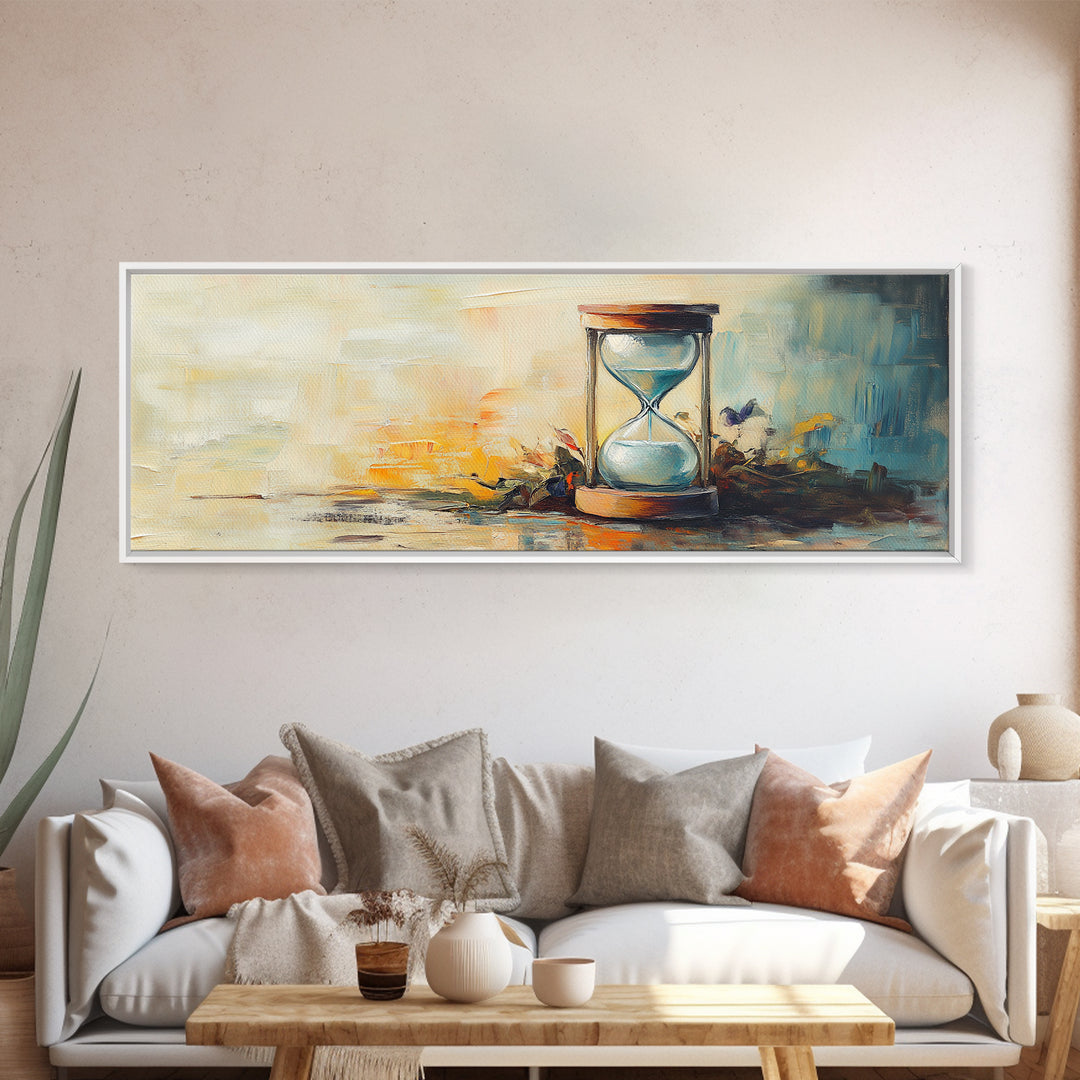 Hourglass Sunset Still Life Wall Art, Long Horizontal Canvas, Neutral Coastal Decor, Abstract Painting, Living Room Print
