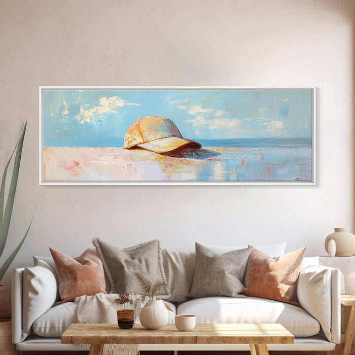 Sunlit Baseball Cap On Sandy Blue Shore Wall Art, Coastal Beach House Decor, Nautical Living Room Print, Gift For Him, Home Decor