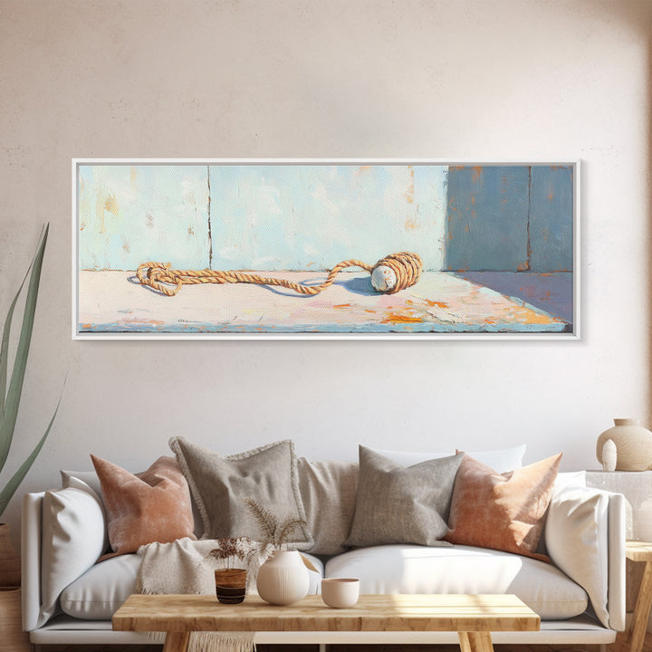 Weathered Rope And Wood Float Canvas Print, Nautical Coastal Wall Art, Beach House Decor, Rustic Bathroom Wall Decor, Ocean Wall Art