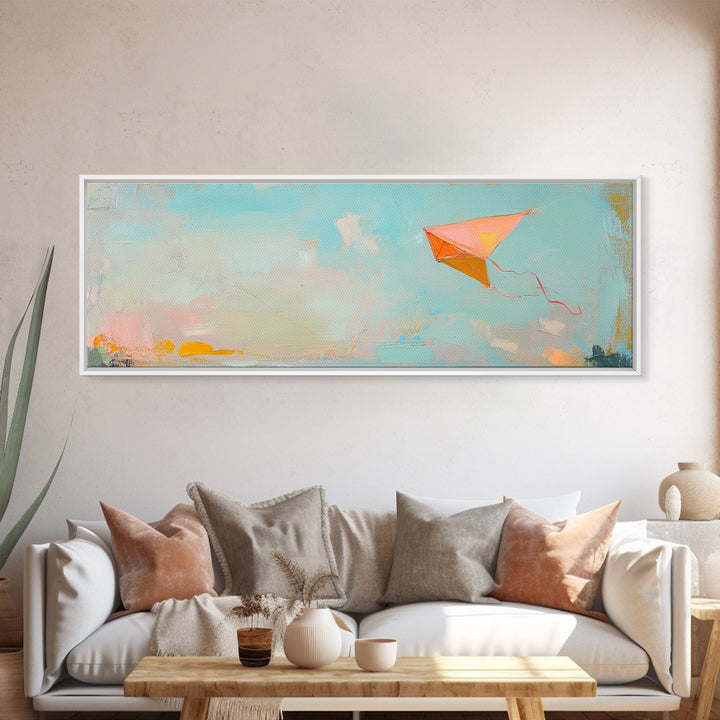 Orange Kite In Blue Summer Sky Canvas Print, Whimsical Nursery Wall Art, Coastal Kids Room Decor, Playful Gift For Her, Dopamine Decor