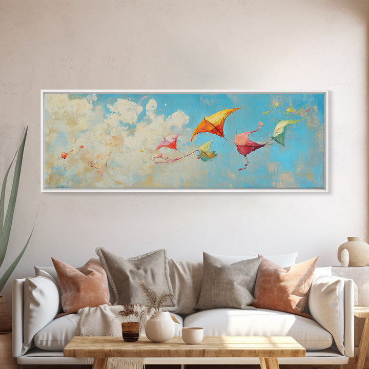 Colorful Kites Drifting Through Clouds Wall Art, Whimsical Kids Room Canvas Print, Playroom Decor, Nursery Wall Art Gift