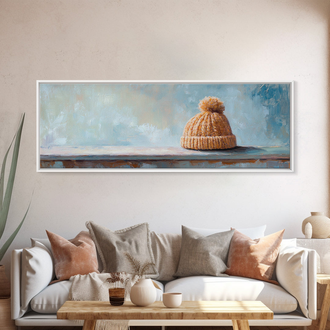 Orange Knit Beanie Still Life Wall Art, Cozy Winter Canvas Wall Decor, Rustic Home Decor, Above Bed Art, Housewarming Gift