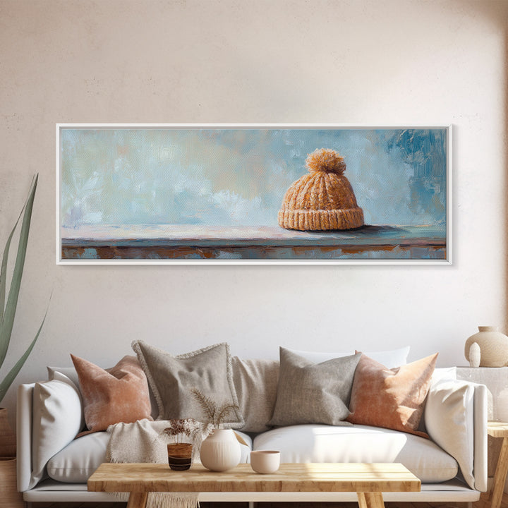 Orange Knit Beanie Still Life Wall Art, Cozy Winter Canvas Wall Decor, Rustic Home Decor, Above Bed Art, Housewarming Gift