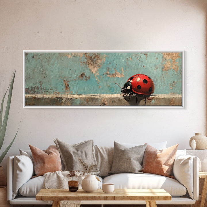Red Ladybug On Weathered Blue Wall Art, Whimsical Animal Canvas Print, Nature Wall Decor, Kids Room Art, Garden Decor Gift