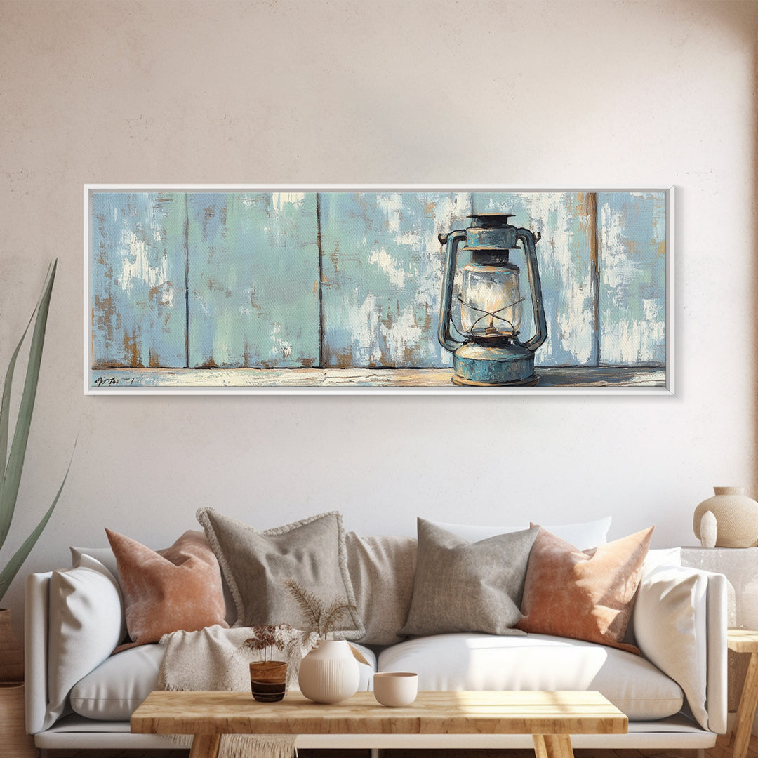 Blue Kerosene Lantern On Weathered Wood Framed Canvas Print, Rustic Wall Art, Coastal Decor, Farmhouse Home Decor, Housewarming Gift