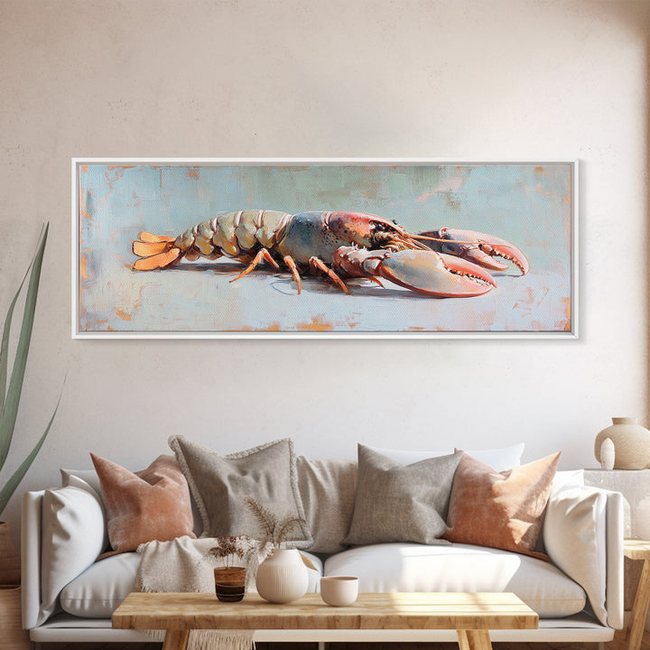 Realistic Lobster On Blue Table Canvas Print, Coastal Kitchen Wall Art, Seafood Decor, Nautical Home Decor, Beach House Gift