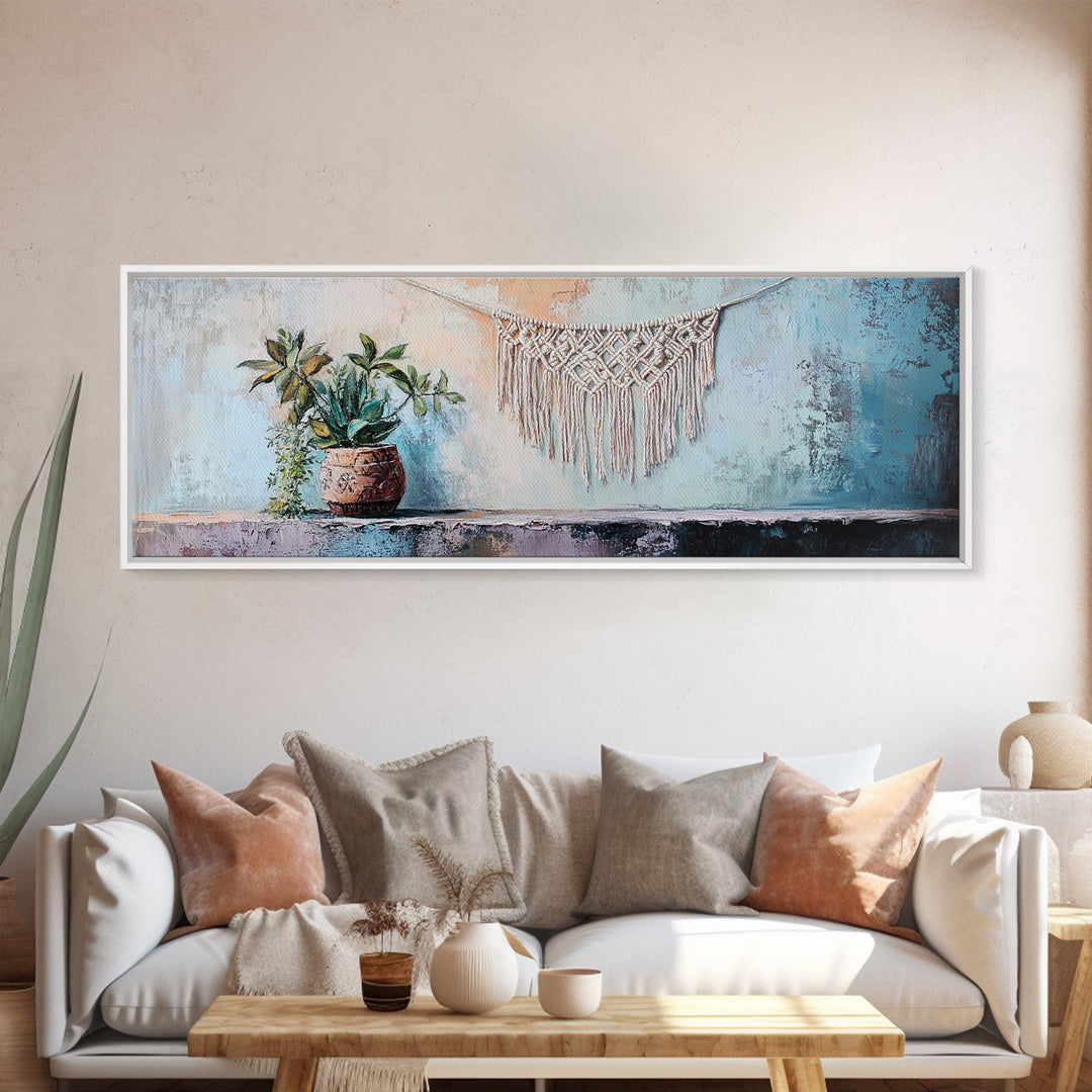 Macrame Wall Hanging With Potted Plant Wall Art, Boho Wall Decor, Botanical Decor, Neutral Home Decor, Cozy Apartment Decor
