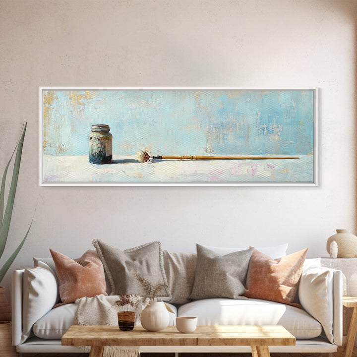 Rustic Paint Jar And Brush Canvas Print, Artist Studio Wall Decor, Minimal Still Life Art Print, Creative Office Decor Gift