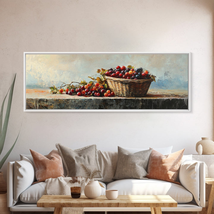 Basket Of Red Cherries Still Life Wall Art, Rustic Kitchen Decor, Fruit Painting Print, Farmhouse Dining Room Wall Decor