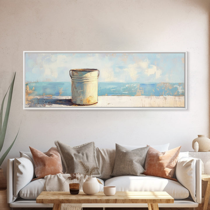 White Enamel Pail By The Sea Canvas Print, Coastal Farmhouse Wall Decor, Beach House Art, Rustic Nautical Kitchen Decor Print