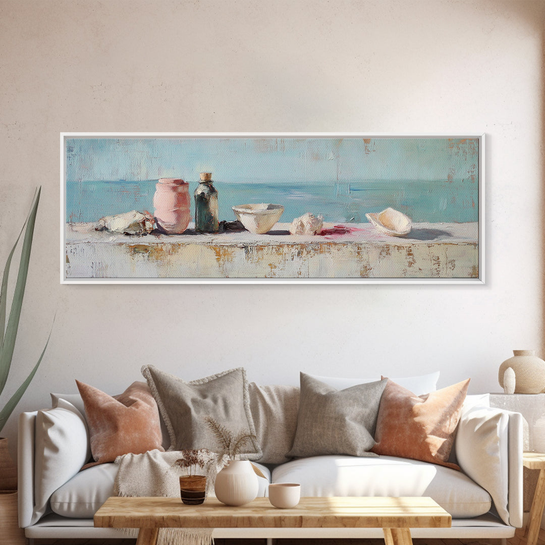 Coastal Seashell Still Life Wall Art, Beach House Canvas Print, Ocean Bathroom Decor, Nautical Kitchen Art, Gift For Her