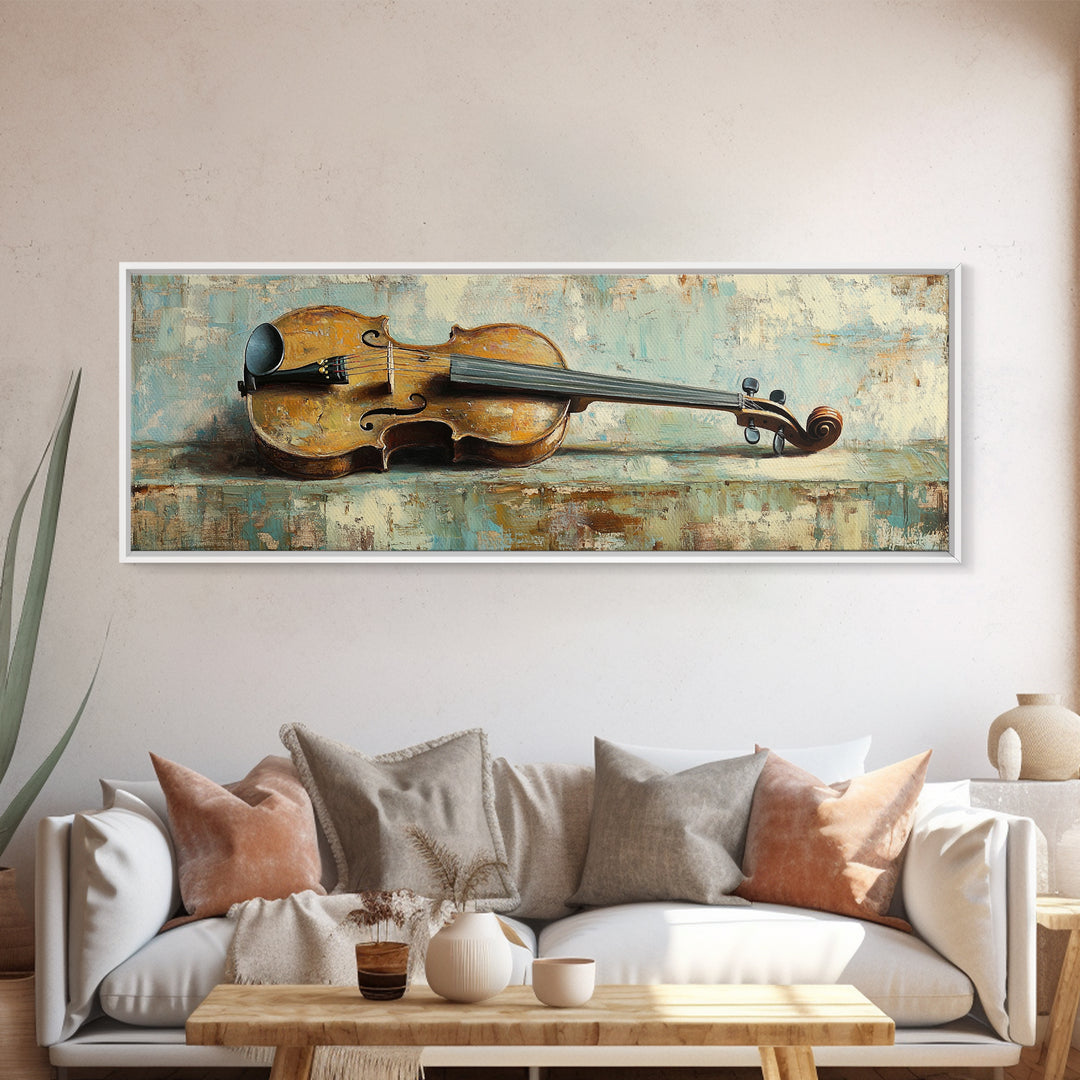 Antique Violin On Weathered Blue Table Framed Canvas Print, Music Room Wall Art, Rustic Studio Decor, Gifts For Musicians