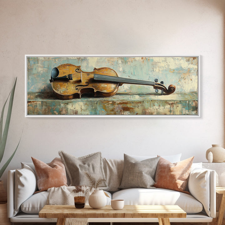 Antique Violin On Weathered Blue Table Framed Canvas Print, Music Room Wall Art, Rustic Studio Decor, Gifts For Musicians