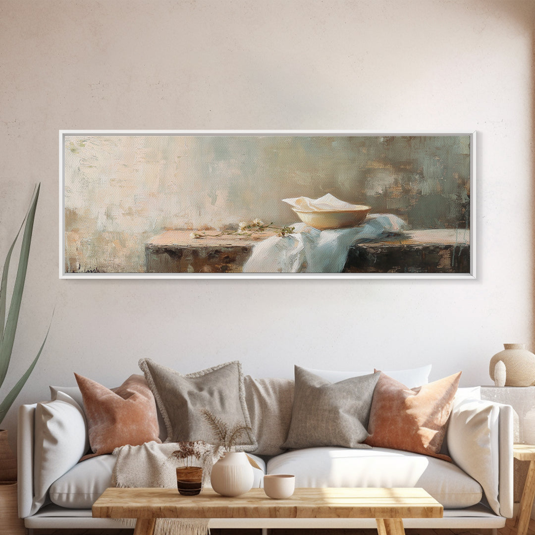 White Bowl Still Life On Linen Canvas Print, Minimalist Kitchen Wall Art, Neutral Wabi Sabi Decor, Calm Dining Room Print