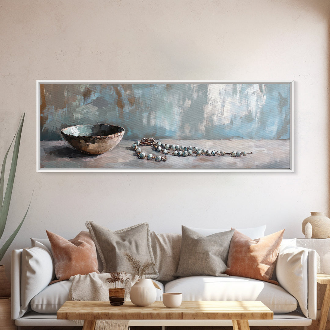 Rustic Bowl And Turquoise Beads Still Life Wall Art, Neutral Blue Home Decor, Wabi Sabi Canvas Art, Minimalist Office Decor