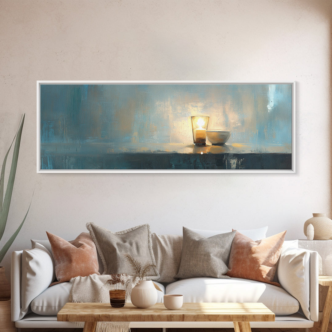Glowing Candle And Small Bowl Minimalist Wall Art, Blue Wabi Sabi Home Decor, Calming Canvas Print, Zen Dining Room Decor