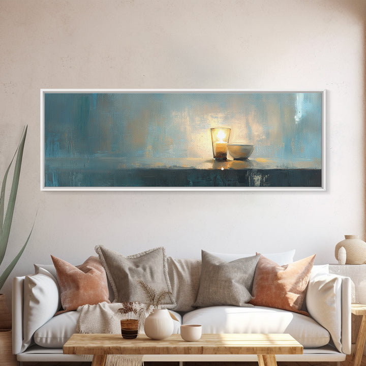 Glowing Candle And Small Bowl Minimalist Wall Art, Blue Wabi Sabi Home Decor, Calming Canvas Print, Zen Dining Room Decor