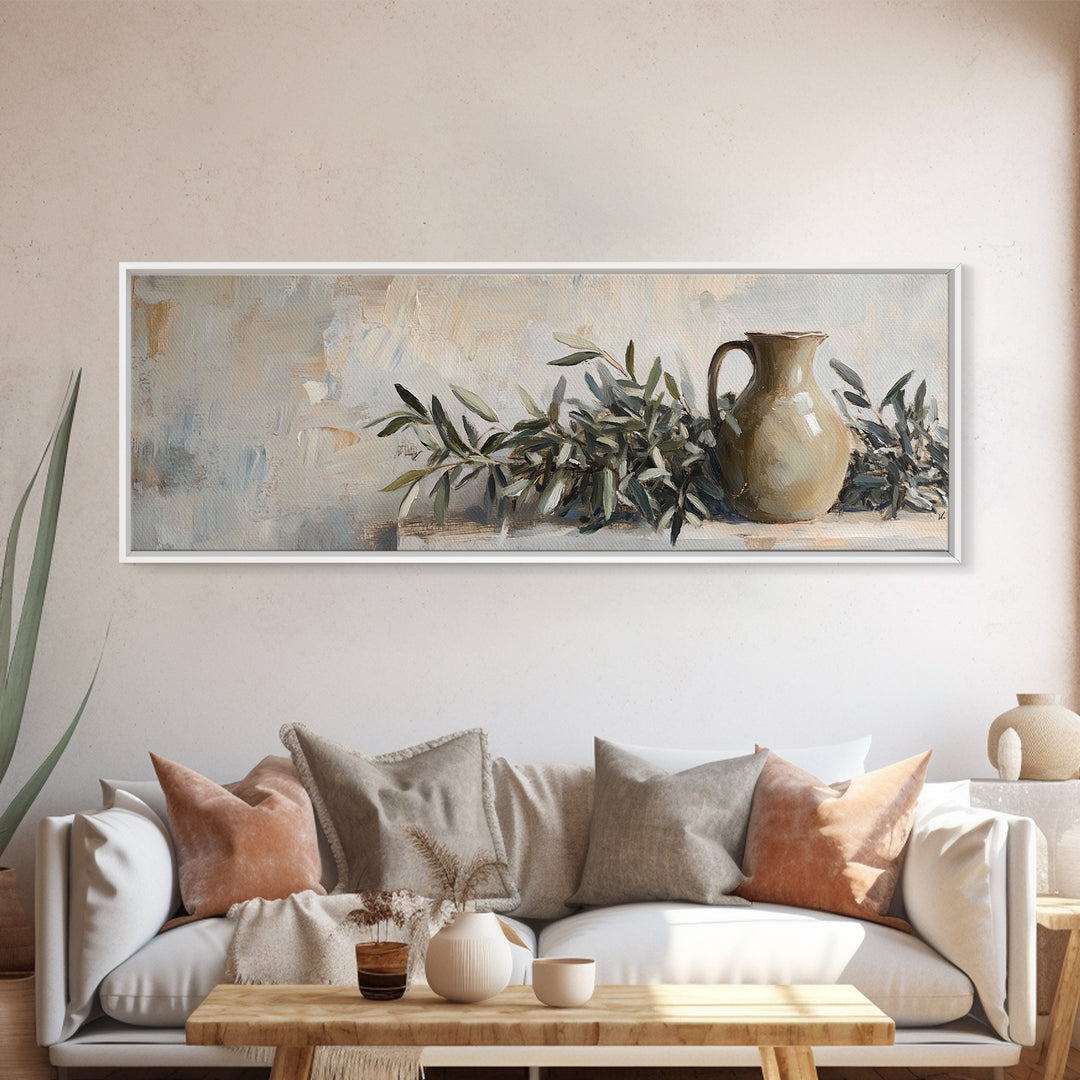 Olive Branches And Clay Pitcher Wall Art, Mediterranean Canvas Print, Rustic Kitchen Decor, Neutral Botanical Home Decor