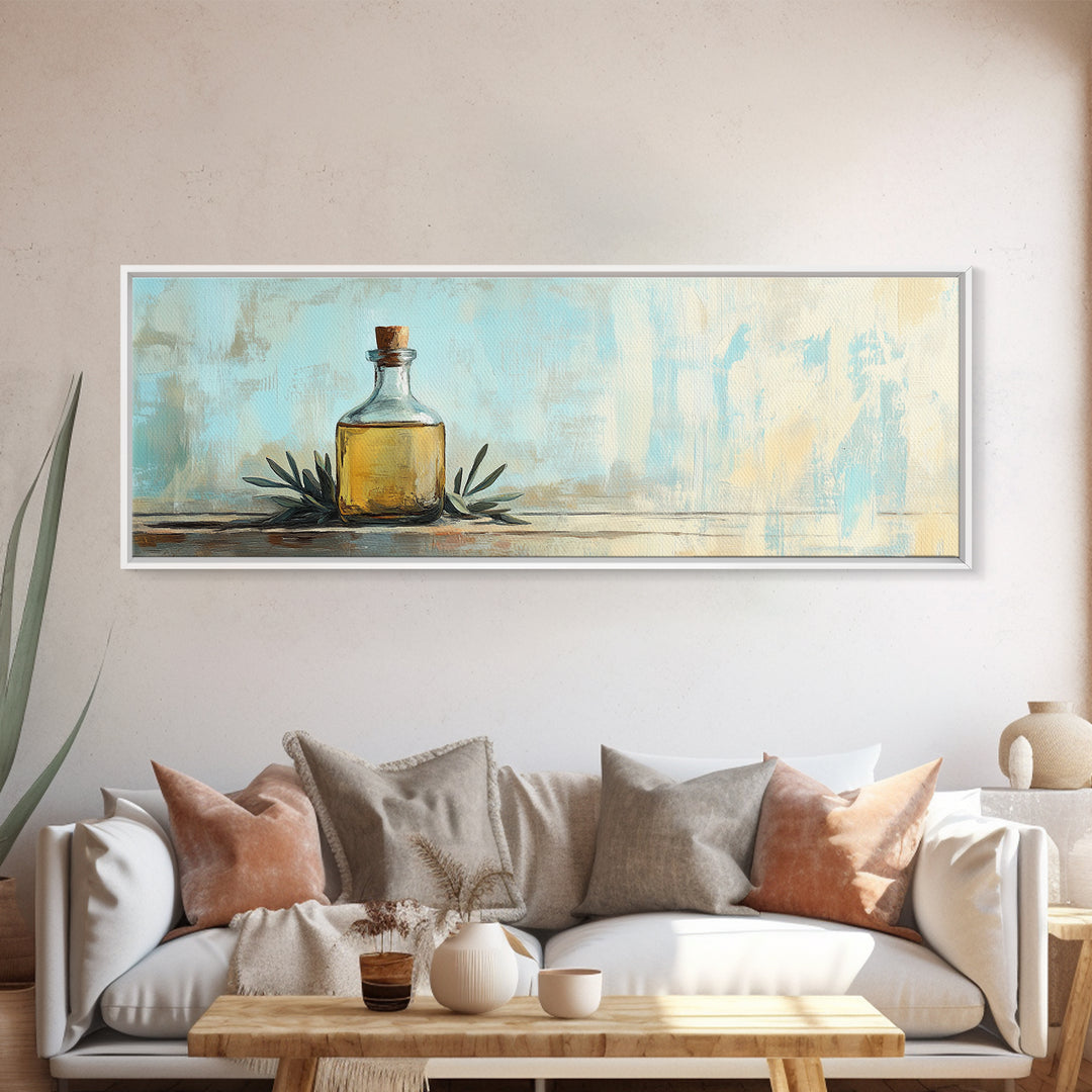 Amber Bottle And Green Leaves Wall Art, Minimalist Still Life Canvas Print, Rustic Kitchen Decor, Modern Farmhouse Home Decor