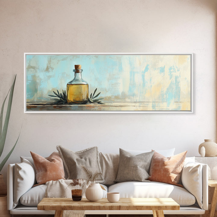 Amber Bottle And Green Leaves Wall Art, Minimalist Still Life Canvas Print, Rustic Kitchen Decor, Modern Farmhouse Home Decor