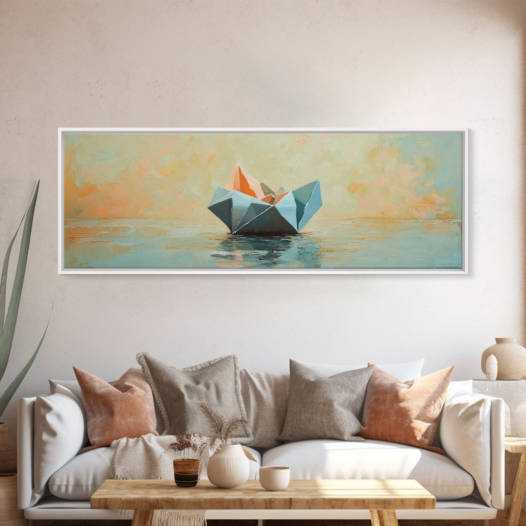 Origami Paper Boat On Calm Water Canvas Print, Coastal Wall Art, Nautical Home Decor, Beach House Living Room Decor, Above Sofa Art