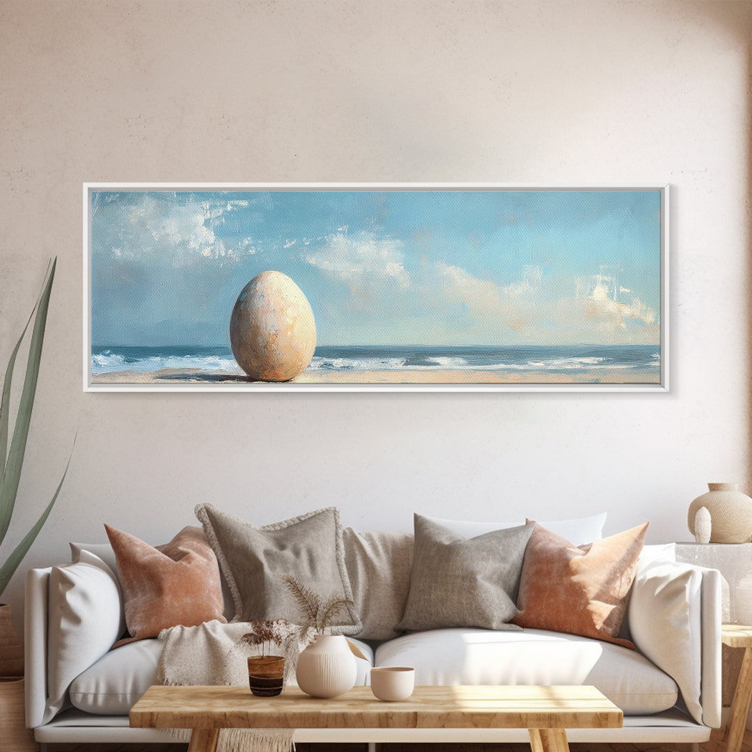 Large Egg On Quiet Shore Canvas Print, Surreal Beach Wall Art, Coastal Home Decor, Modern Seascape Living Room Decor, Ocean Art