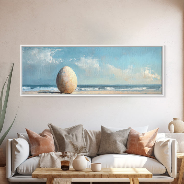 Large Egg On Quiet Shore Canvas Print, Surreal Beach Wall Art, Coastal Home Decor, Modern Seascape Living Room Decor, Ocean Art