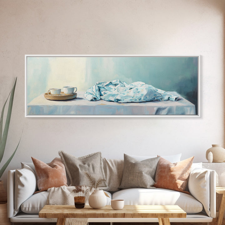 White Tea Cups And Blue Draped Cloth Canvas Print, Serene Still Life Wall Art, Minimalist Kitchen Decor, Cozy Home Decor