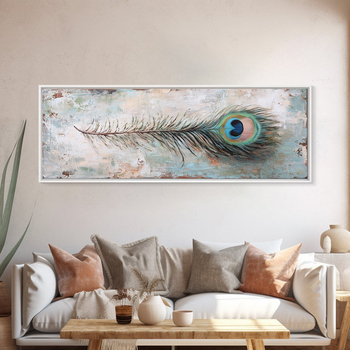 Peacock Feather On Distressed Blue Texture Wall Art, Long Horizontal Canvas, Rustic Coastal Decor, Boho Nature Print, Gift For Her