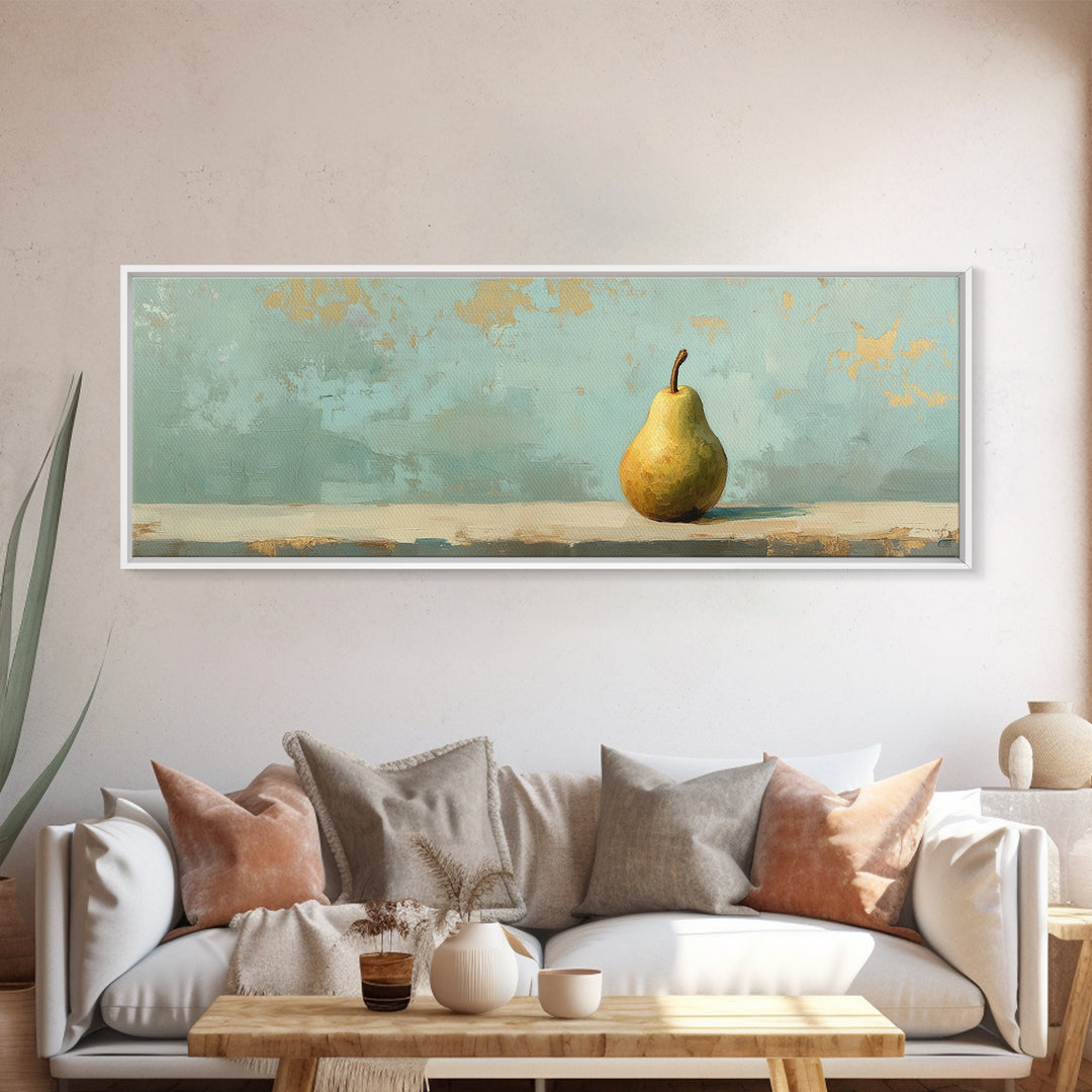 Golden Pear Still Life On Soft Teal Wall Art, Rustic Kitchen Decor, Farmhouse Dining Room Print, Housewarming Gift, Modern Home Decor