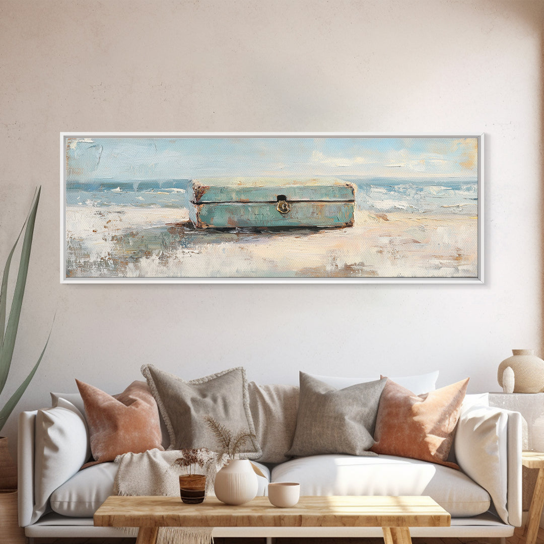 Weathered Blue Trunk On Sandy Beach Canvas Print, Coastal Wall Art, Ocean Seascape Decor, Nautical Housewarming Gift, Beach House Decor