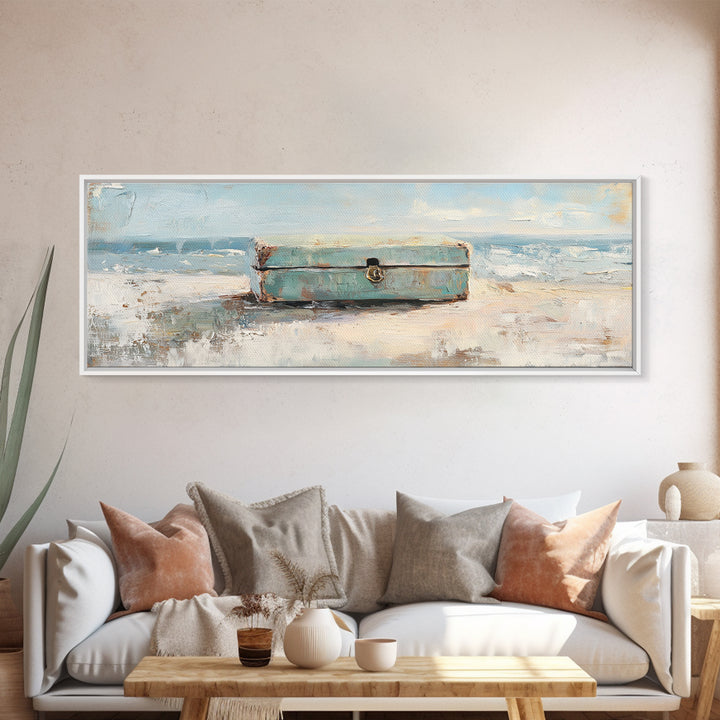 Weathered Blue Trunk On Sandy Beach Canvas Print, Coastal Wall Art, Ocean Seascape Decor, Nautical Housewarming Gift, Beach House Decor