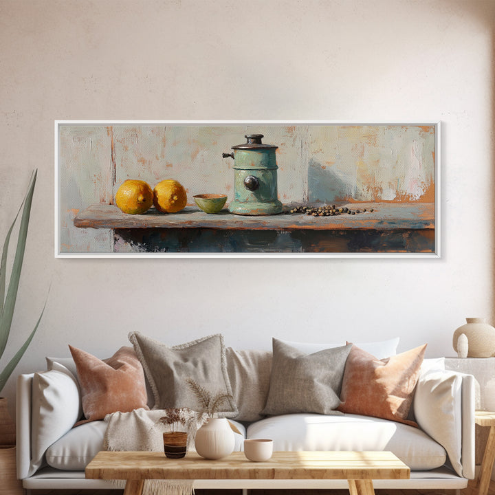 Rustic Coffee Grinder With Lemons Still Life Canvas Print, Kitchen Wall Art, Farmhouse Decor, Food Lover Housewarming Gift
