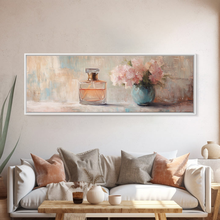 Perfume Bottle And Pink Flowers Framed Canvas Print, Feminine Wall Art, Vanity Decor, Romantic Bedroom Gift For Her, Coquette Prints