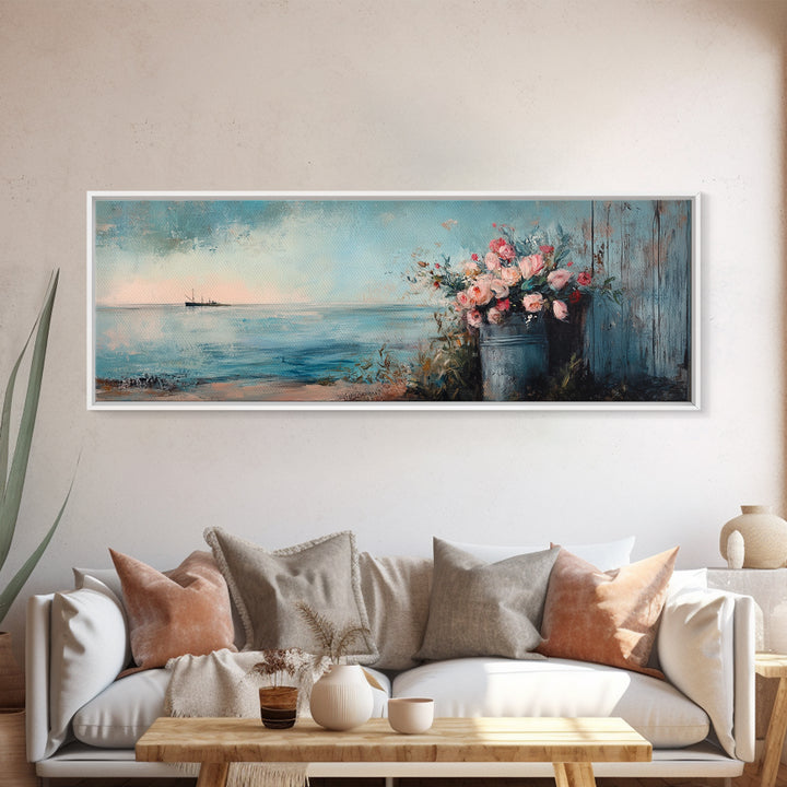 Blue Seascape With Flower Bucket Wall Art, Coastal Canvas Print, Beach House Decor, Ocean Landscape Housewarming Gift, Living Room Art