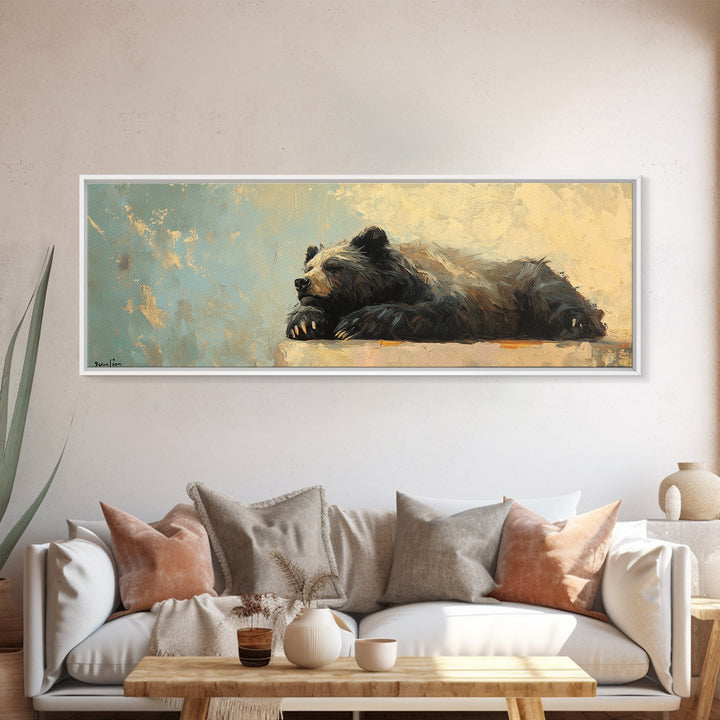 Resting Black Bear Oil Painting Framed Canvas Print, Rustic Wildlife Wall Art, Cabin Decor, Nature Lover Gift, Large Living Room Decor