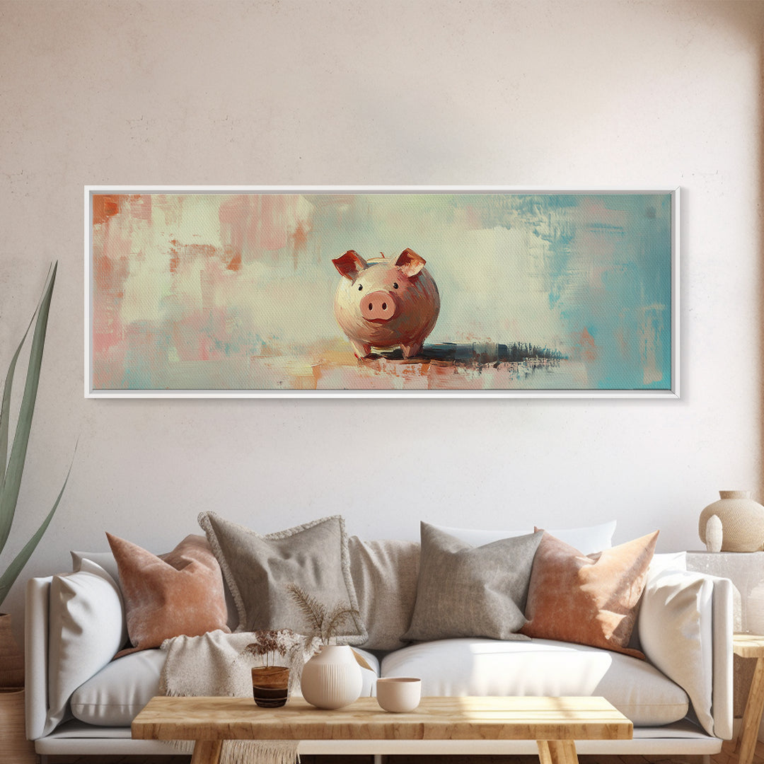 Pink Piggy Bank Oil Painting Canvas Print, Whimsical Wall Art, Cute Nursery Decor, Kids Room Art, Housewarming Gift, Fun