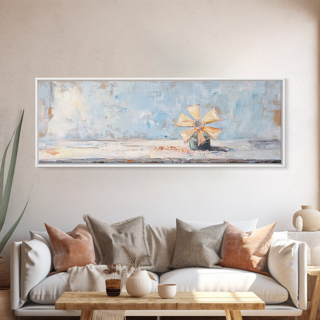 Pastel Paper Pinwheel Toy Framed Canvas Print, Whimsical Wall Art, Kids Room Decor, Nursery Art, Soft Blue Home Decor, Gift