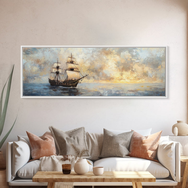 Tall Sailing Ship At Sunset Canvas Print, Nautical Wall Art, Coastal Seascape Art, Ocean Painting, Beach House Decor, Gift