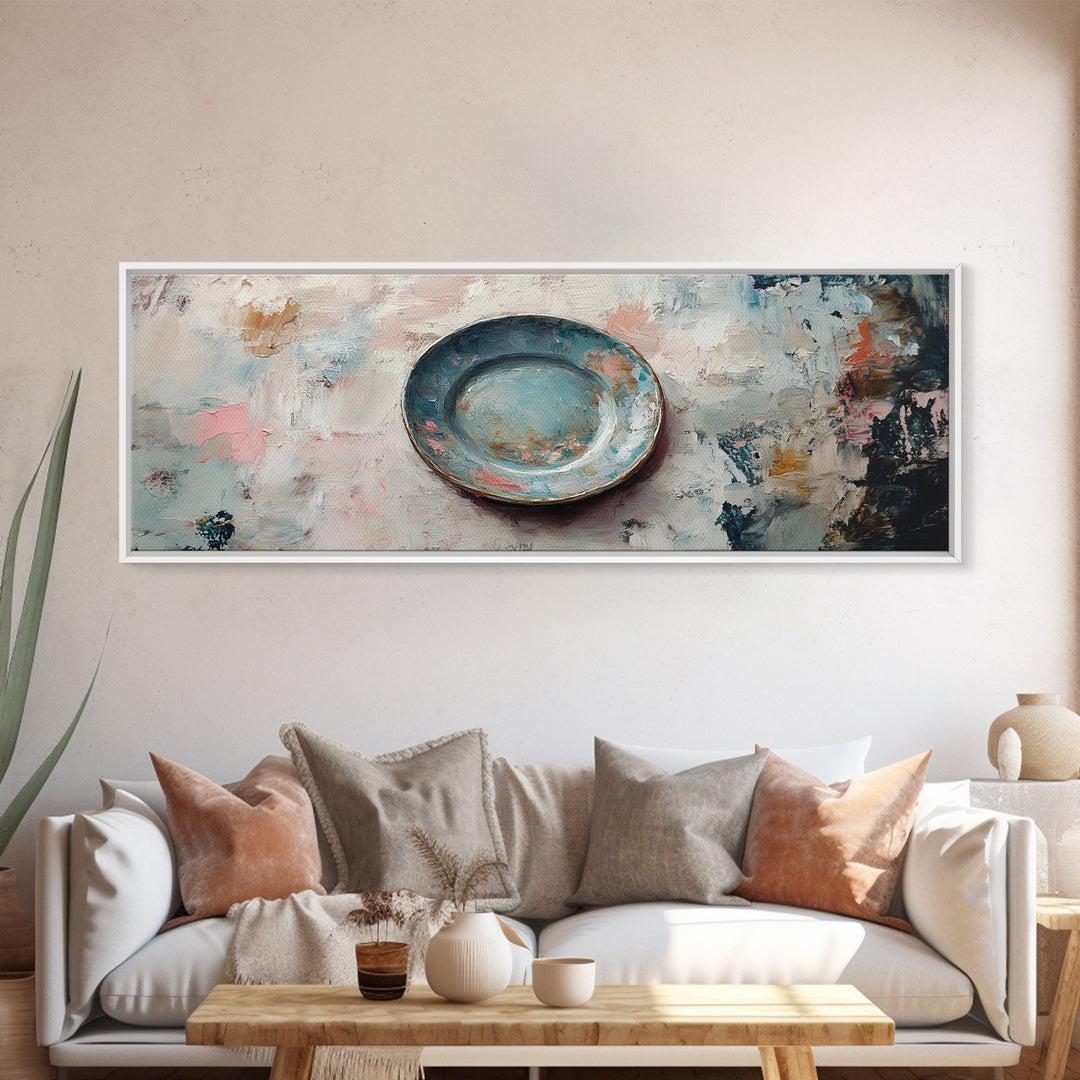 Weathered Blue Plate Wall Art, Minimalist Still Life Painting, Rustic Kitchen Decor, Textured Canvas Print For Dining Room