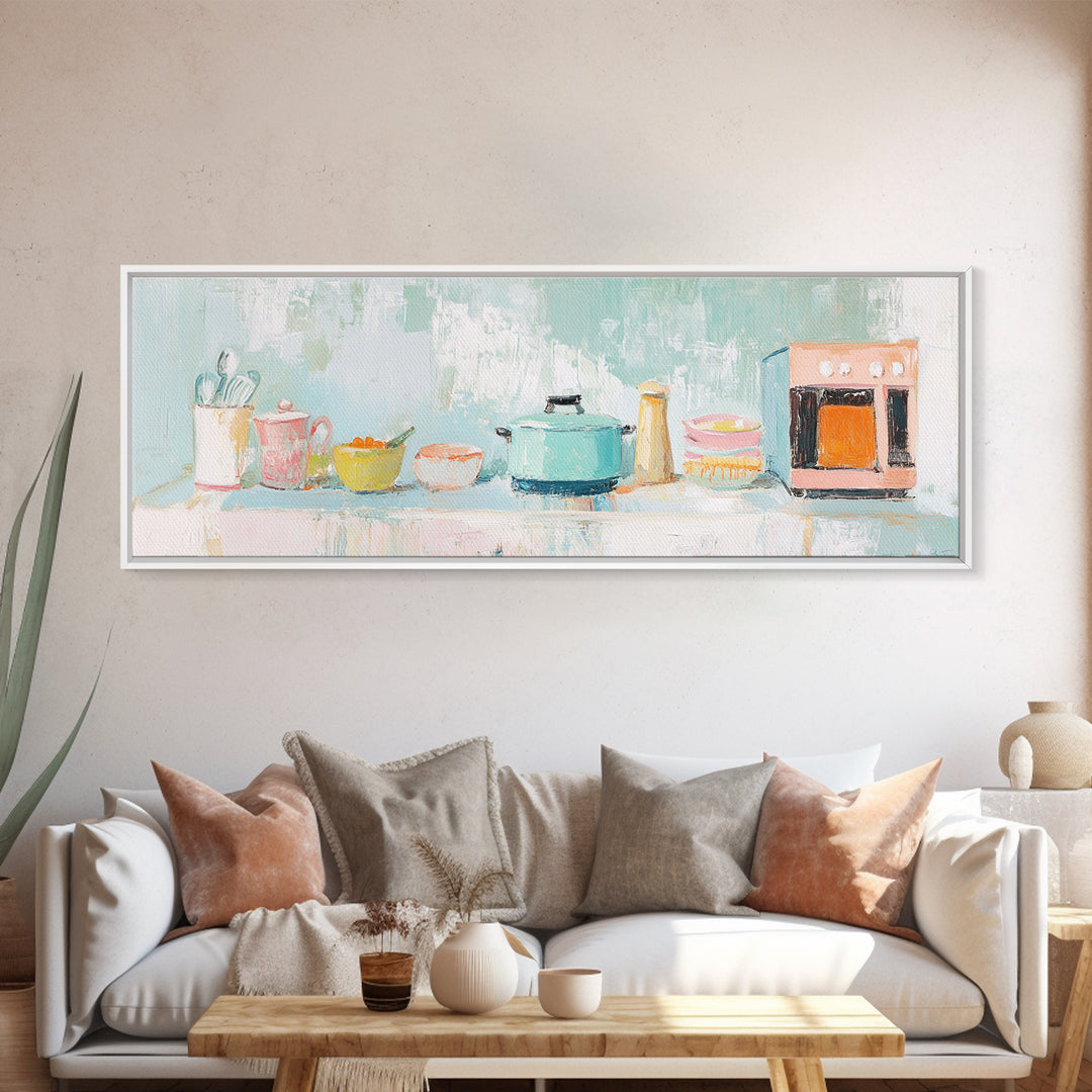 Pastel Kitchen Counter Canvas Print, Cozy Kitchen Wall Art, Modern Farmhouse Decor, Whimsical Cooking Art For Dining Room