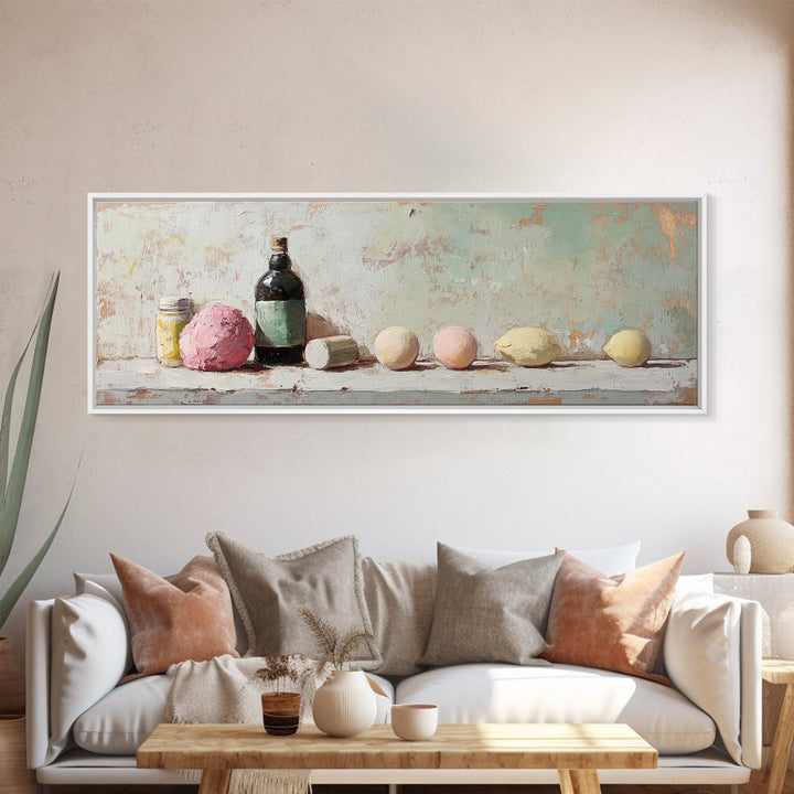 Pastel Bath Bombs And Bottles Wall Art, Spa Bathroom Decor, Apothecary Still Life, Feminine Canvas Print, Gift For Her, Home Decor