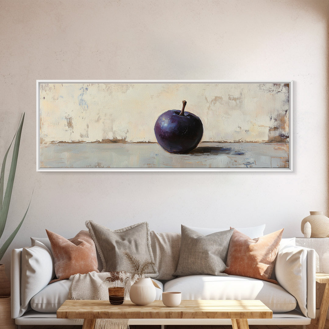 Single Purple Plum Still Life Wall Art, Minimalist Kitchen Decor, Moody Fruit Painting, Rustic Canvas Print For Dining Room