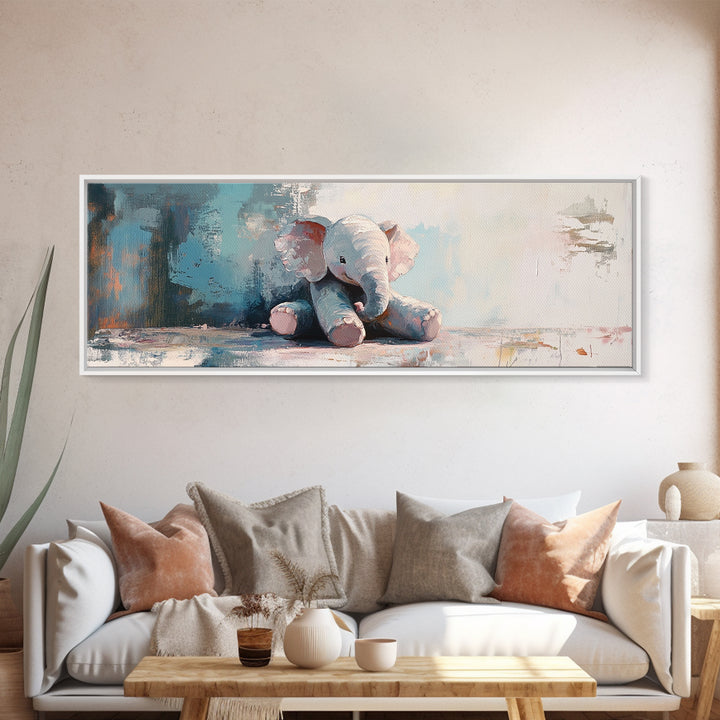 Soft Stuffed Elephant Wall Art, Nursery Animal Art, Baby Room Decor, Whimsical Canvas Print For Kids Room And Baby Shower