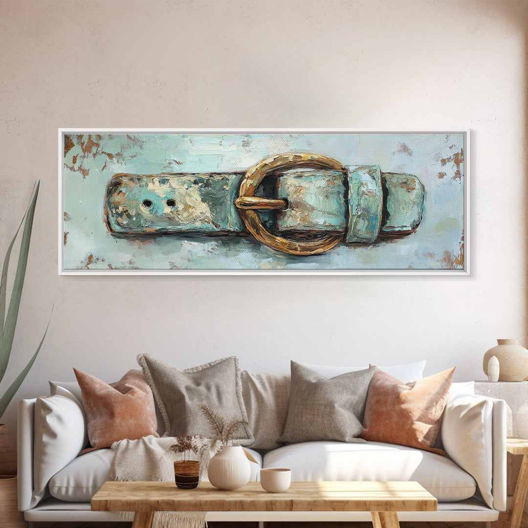 Weathered Turquoise Belt Buckle Wall Art, Western Cowboy Canvas Print, Rustic Farmhouse Decor, Man Cave And Entryway Decor
