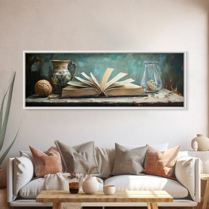 Open Antique Book With Vases Canvas Print, Dark Academia Wall Art, Literary Decor, Moody Library Reading Nook Home Decor