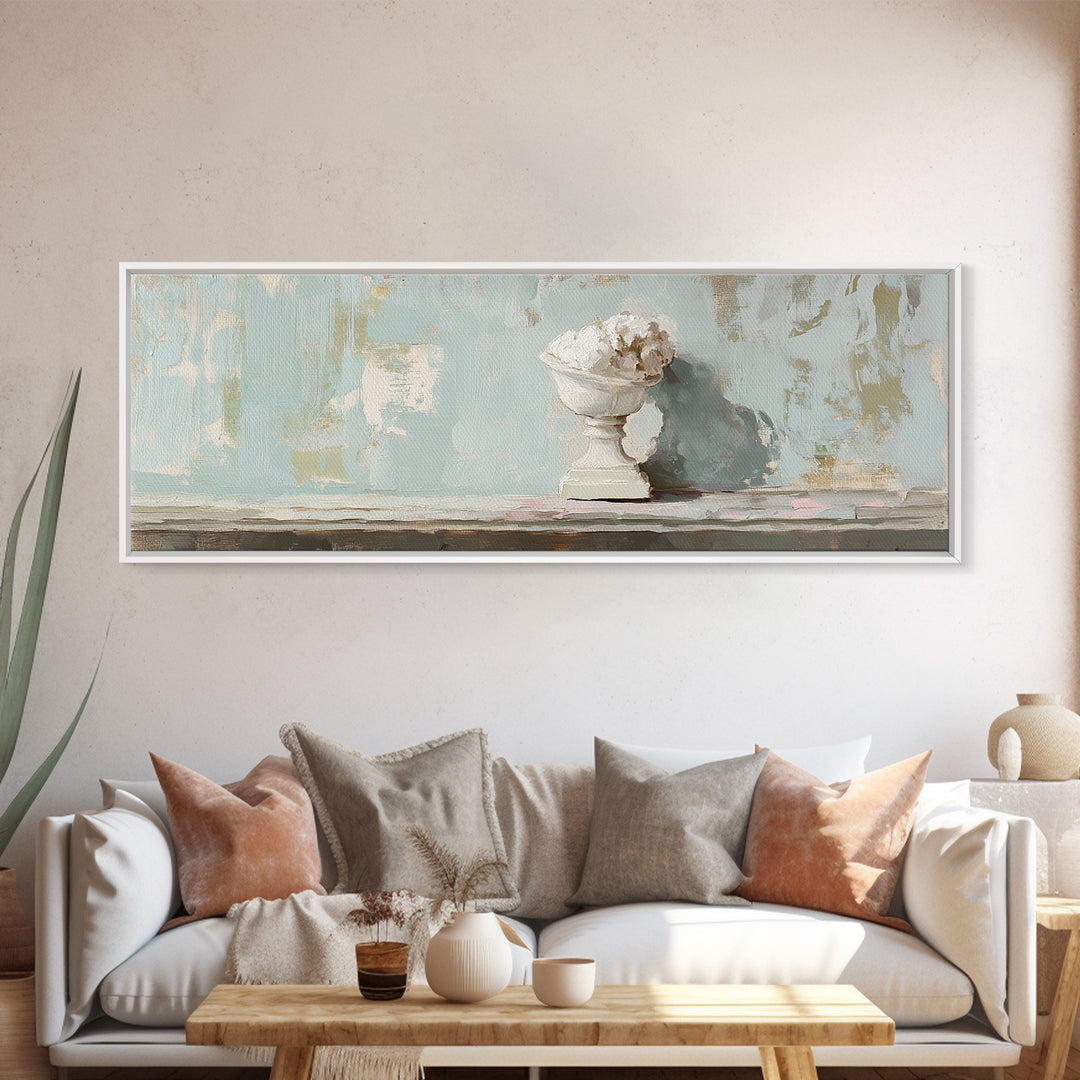 White Floral Urn Still Life Framed Canvas Print, Minimalist Wall Art, Neutral Calming Bathroom Decor, Wabi Sabi Home Decor