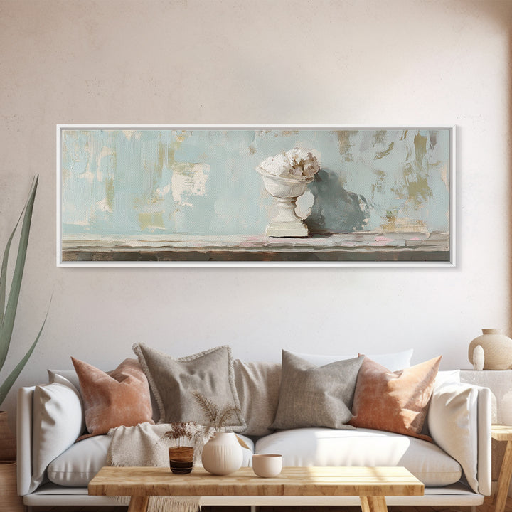 White Floral Urn Still Life Framed Canvas Print, Minimalist Wall Art, Neutral Calming Bathroom Decor, Wabi Sabi Home Decor