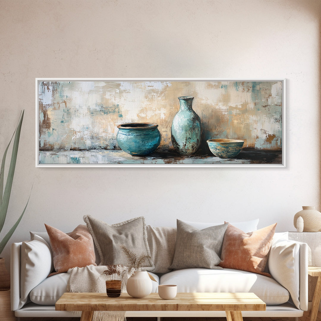 Turquoise Ceramic Vessels Still Life, Rustic Neutral Framed Canvas Print, Kitchen Wall Art, Modern Farmhouse Housewarming Gift